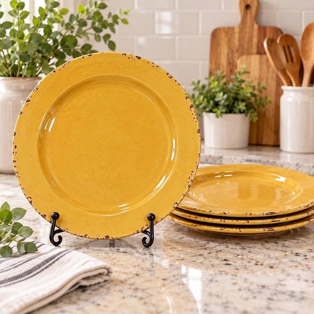 Studio California Mustard Crackle Melamine Dinner Plates 11-Inch Set Of 4 Rustic